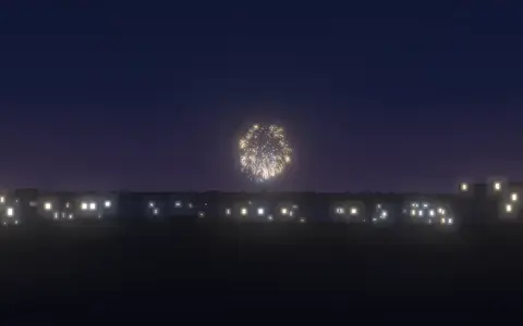 調布花火の候補地から見た花火(ハナビューの3D表示)