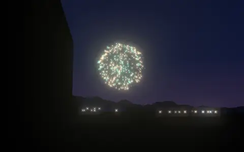 ハウステンボスの花火の候補地から見た花火(ハナビューの3D表示)